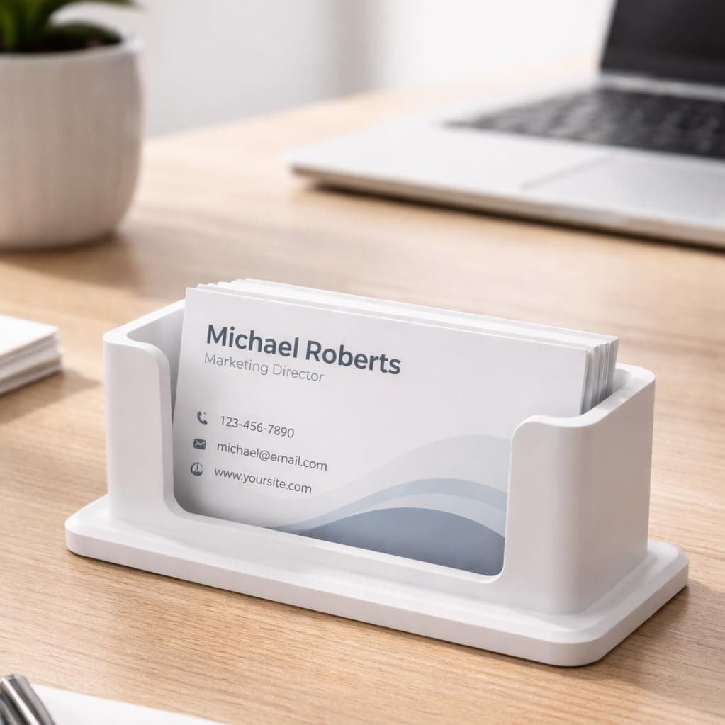 Modern Minimalist Visiting Card Holder for Desk – Premium Plastic Business Card Stand, Office Table Card Organizer for Professionals, Reception, Home Office (White)