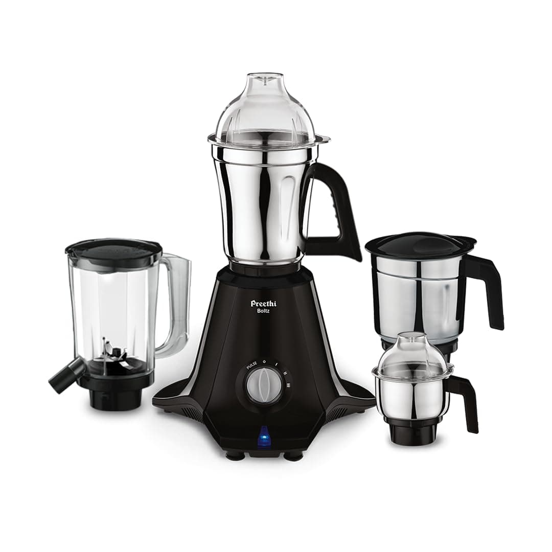 Preethi Boltz 1000 Watts Mixer Grinder, 4 Jars (3 Stainless Steel Jars, Blender Jar), Powerful Grinding for Masalas, Chutneys and Batters, 2 Year Warranty, Lifelong Free Service, Black