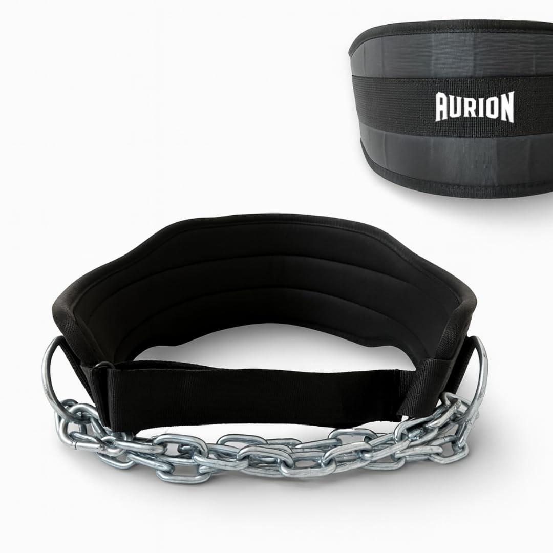 Aurion Black Neoprene Chain Dip & Pull-Up Belt with Heavy-Duty Steel Chain | Chain Dip Belt for Gym, Calisthenics, Strength Training | Durable & Comfortable