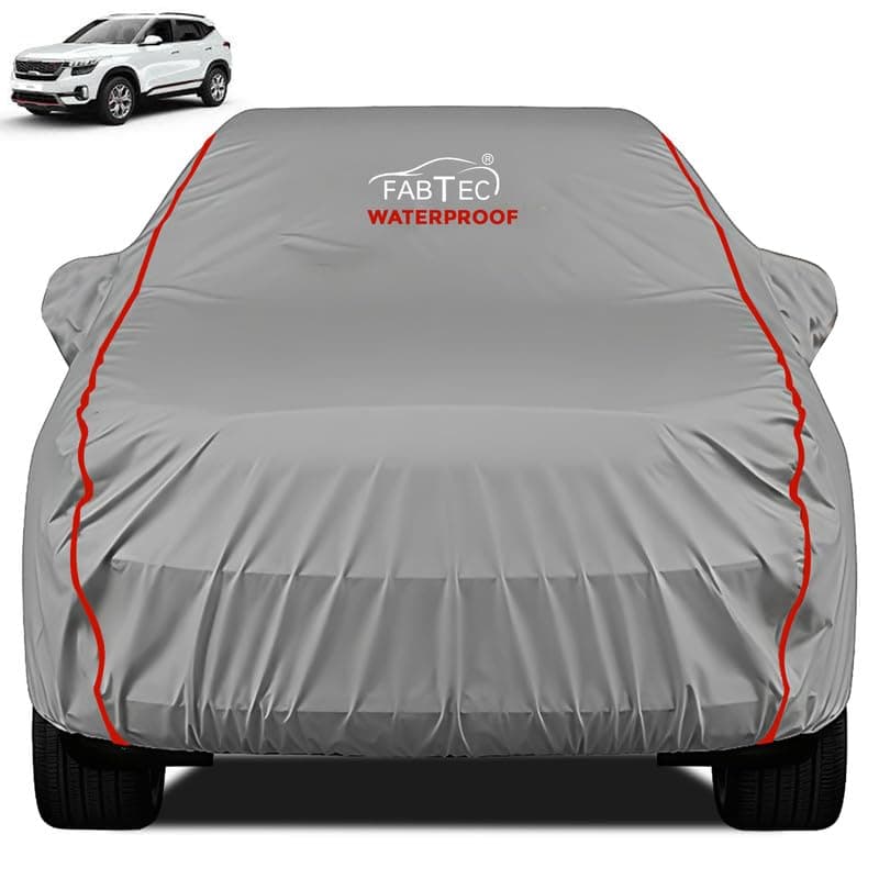 FABTEC Waterproof Premium Car Cover for Kia Seltos Super Waterproof Car Body Cover Heavy Duty Durable PEVA Grey with Red Piping