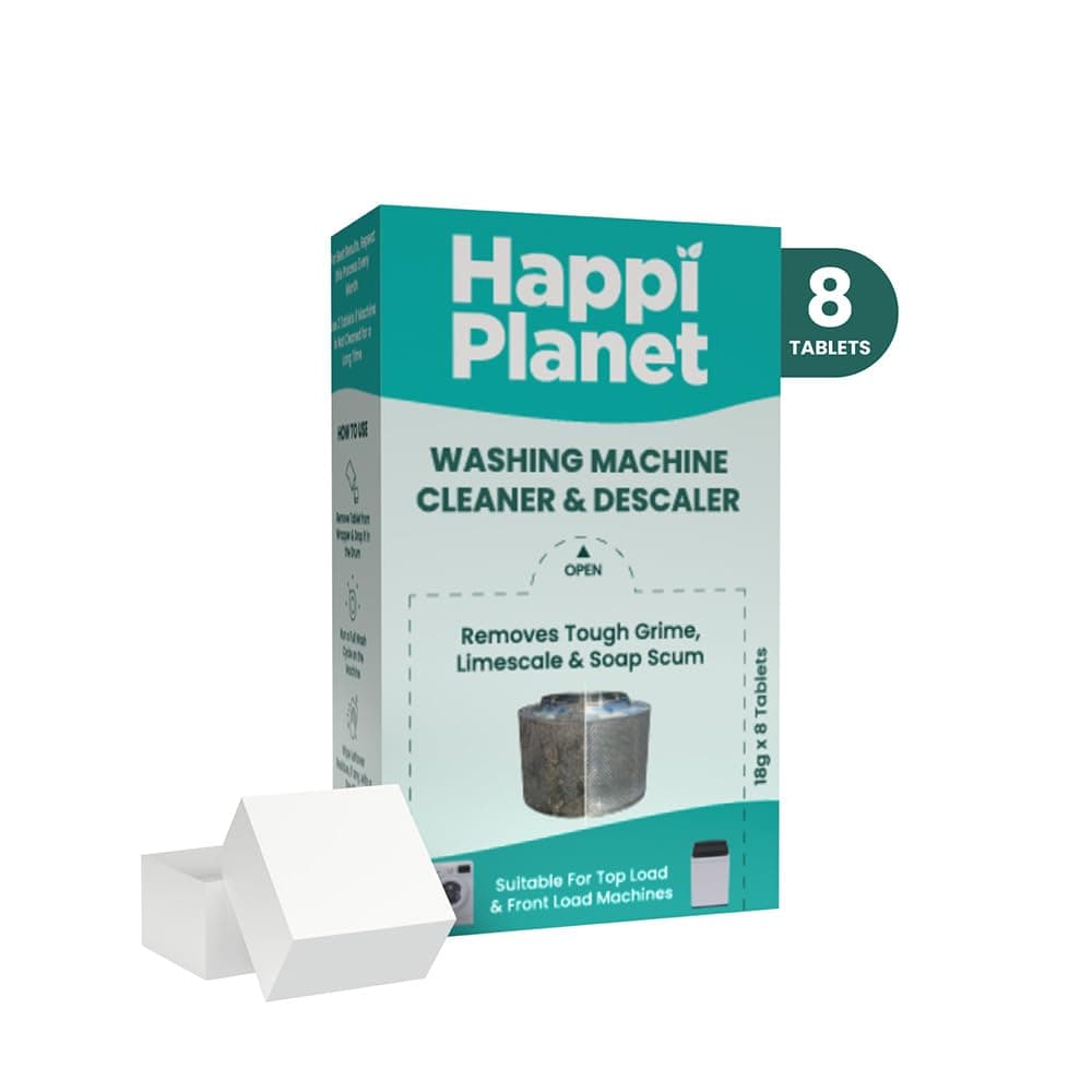 Happi Planet | Washing Machine Cleaner & Descaler Tablets | 8 Tablets | Removes Tough Grime, Limescale & Soap Scum | Used for Top & Front Load | Protects Clothes from Residue