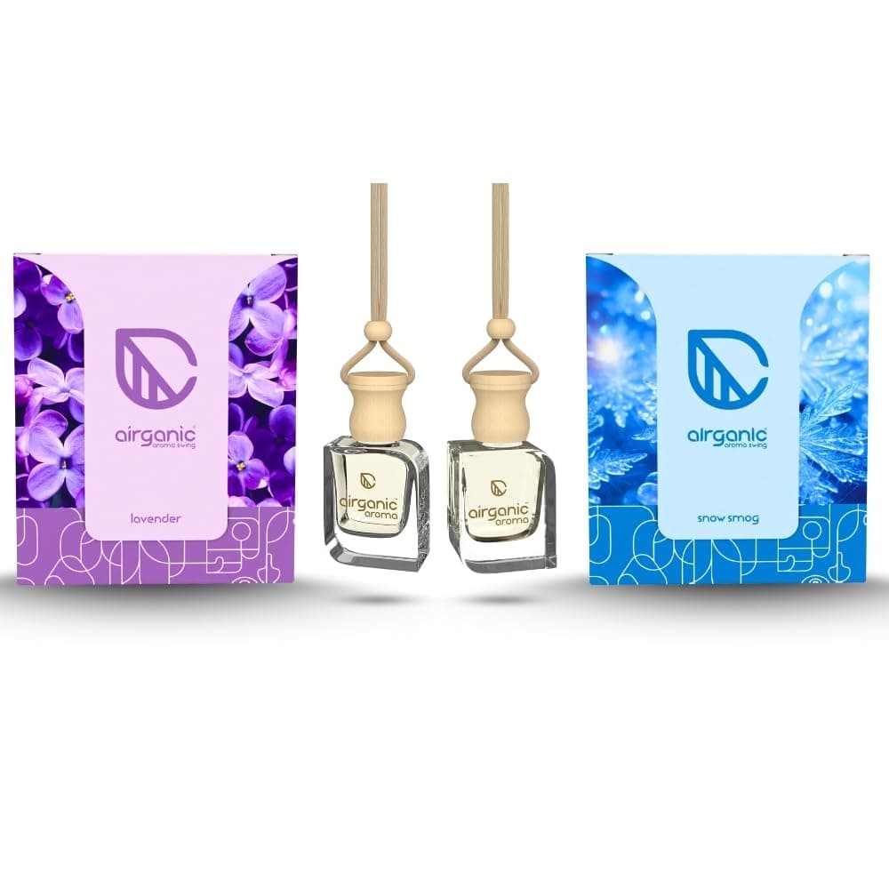 AIRGANIC Aroma Swing Car Perfume Combo Offer : Lavender & Snow Smog |Aroma with Essential Oils in Glass Bottle with Wooden Diffuser Lid|Car Freshners| Car Hanging Accessories| Car Accessories Interior