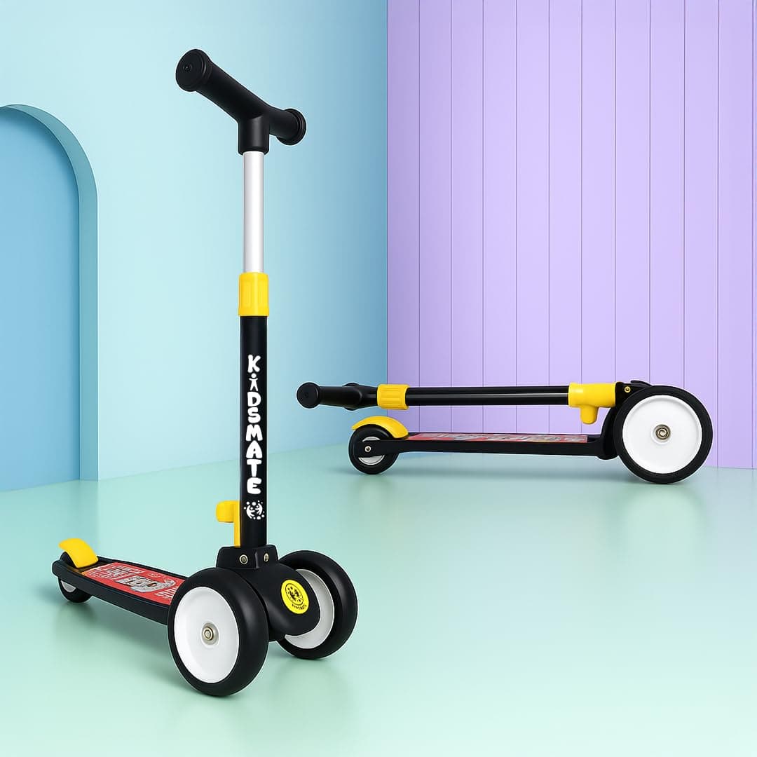 Kidsmate Leo Kick Scooter for Kids,Adjustable Height Scooter, Foldable & Attractive PVC Wheels with Rare Brakes for Kids (Black)