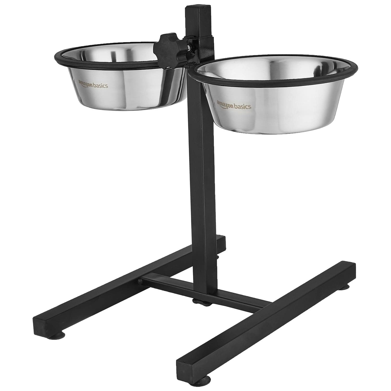 Amazon Basics Adjustable Double Diner for Pet Food and Water | 1500 ml Each | Two Removable Stainless Steel Bowls | Cat and Dog Food Bowl | Adjustable Height | Extra Rubber Support | H-Base