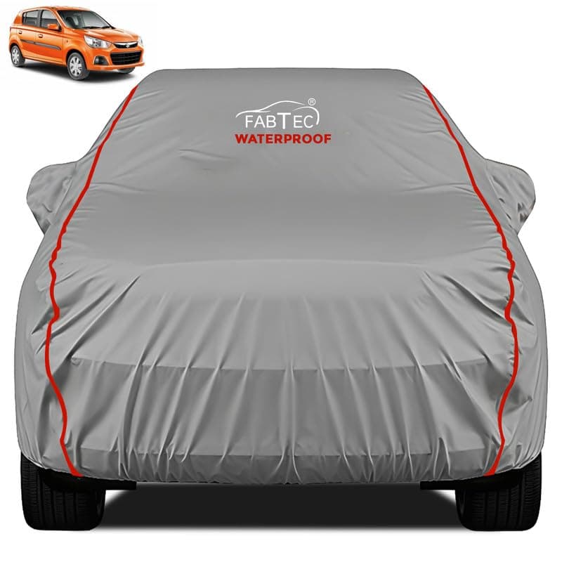 FABTEC Waterproof Premium Car Cover for Maruti Alto k10 Super Waterproof Car Body Cover Heavy Duty Durable PEVA Grey with Red Piping