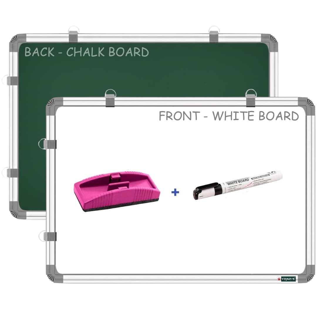YAJNAS Non-Magnetic 1.5x3 feet Double Sided Whiteboard & Chalkboard Both Side Writing Board with 1 Marker and 1 Duster - Set of 3 Items