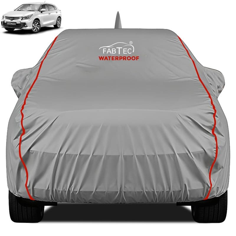 FABTEC Waterproof Premium Car Cover for Toyota Glanza New Super Waterproof Car Body Cover Heavy Duty Durable PEVA Grey with Red Piping