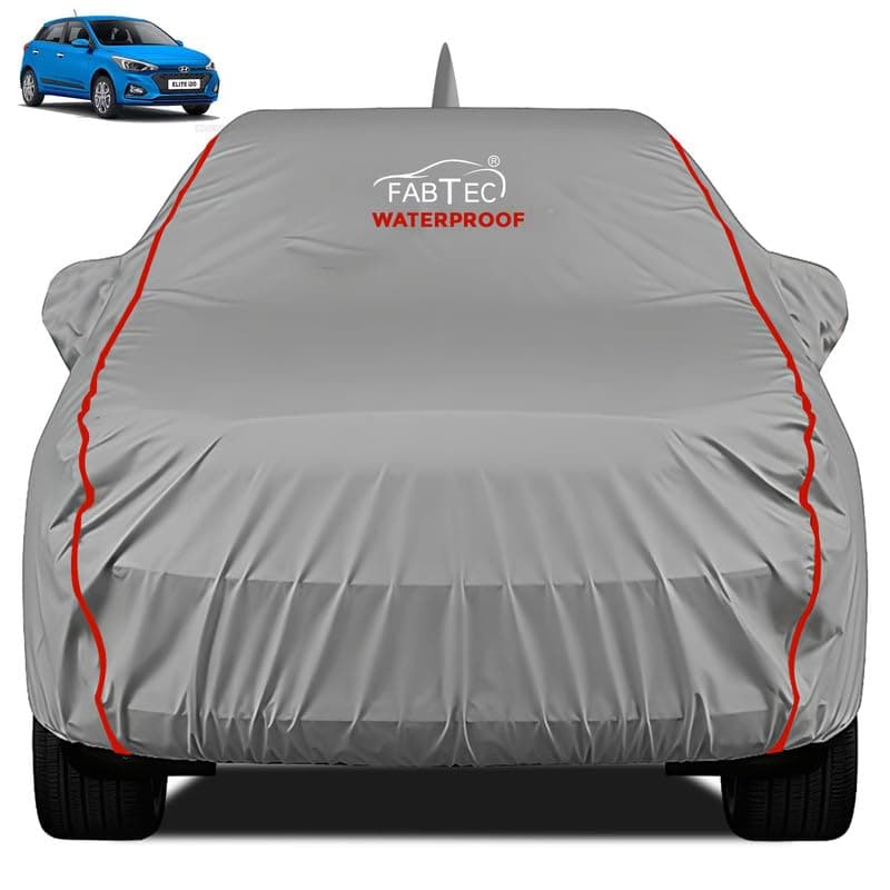 FABTEC Waterproof Premium Car Cover for Hyundai Elite i20 Super Waterproof Car Body Cover Heavy Duty Durable PEVA Grey with Red Piping