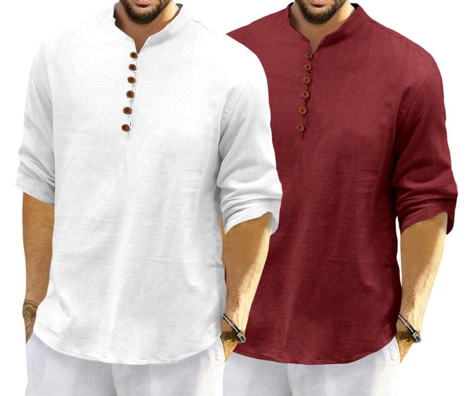 ROYALSCOUT Men's Cotton Polyester Blend Solid Regular Fit Full Sleeve Short Kurta | Ethnic, Lightweight Summer Kurta for Daily & Occasion Use White-Maroon