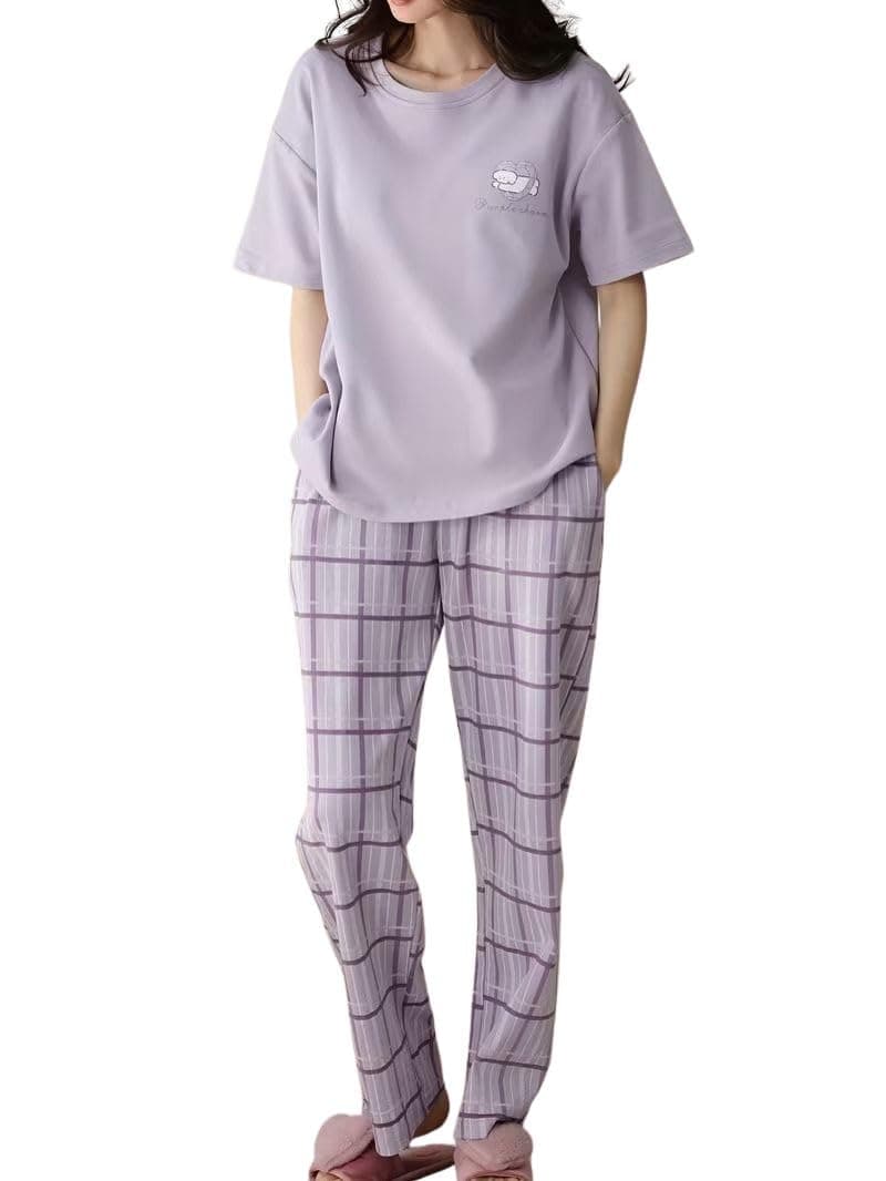 SHIENZY Women Korean Style Night Suit | Round Neck Short Sleeve Cute Printed Cotton Pajama Set for Girls & Women | Soft Nightwear, Lounge Wear, Sleepwear for Women | Co-ord Set(New-1695_LVNDR_3XL)