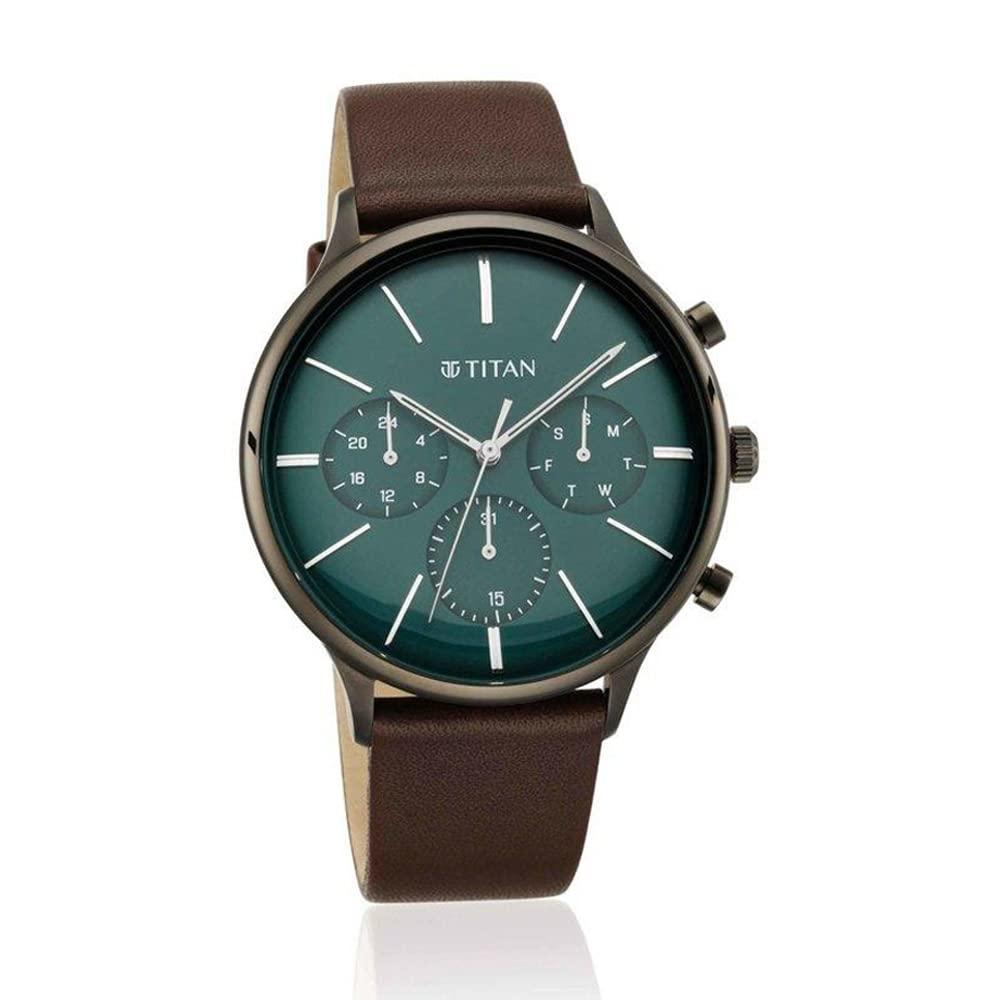 Titan Light Leathers Quartz Multifunction Green Dial Brown Leather Strap Watch for Men - NT90134QL01