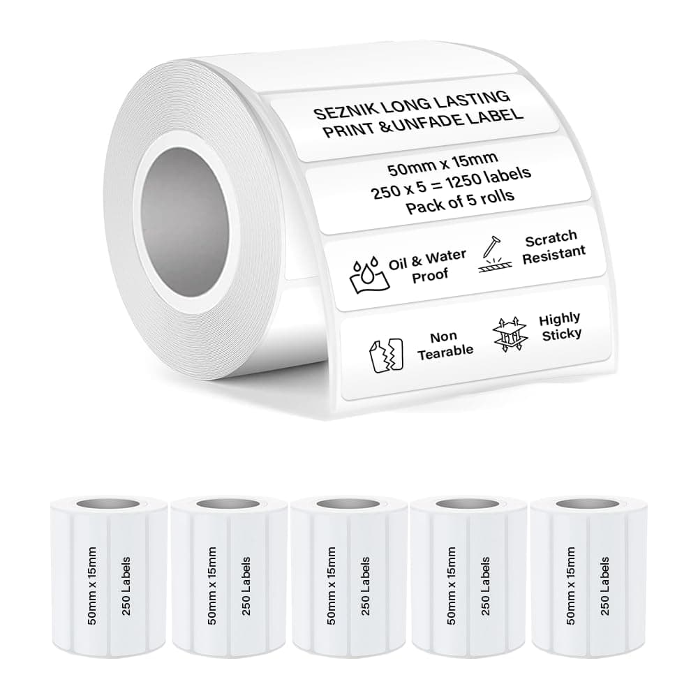 SEZNIK Waterproof, Non-Tearable, Sticky Thermal Lables, Label Roll, 2 inch Adhesive Thermal Labels for Label Printers (50mmx15mm - 1250 Lables), 1250 Labels