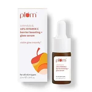 Plum 10% Vitamin C & Calendula Barrier Boosting + Glow Serum 10 ml | With 3% Niacinamide, 1% Hyaluronic acid & 1% Creamide complex| Clinically proven to reduce pigmentation & dark spots in 14 days| Boosts glow from 1st use | Men & Women | For all skin types