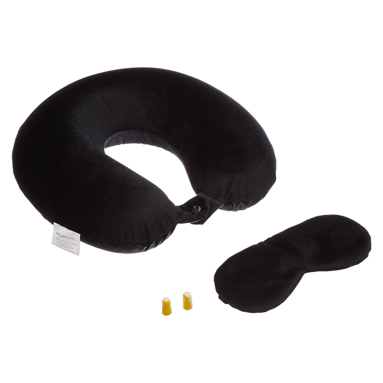 Amazon Basics Memory Foam Travel Neck Pillow with Eye Mask & Ear Plugs Combo|Ultra Soft Velvet Fabric|Ergonomically Designed for Ultimate Comfort for Air, Car, Train, Bus Travel- Black, Standard Size