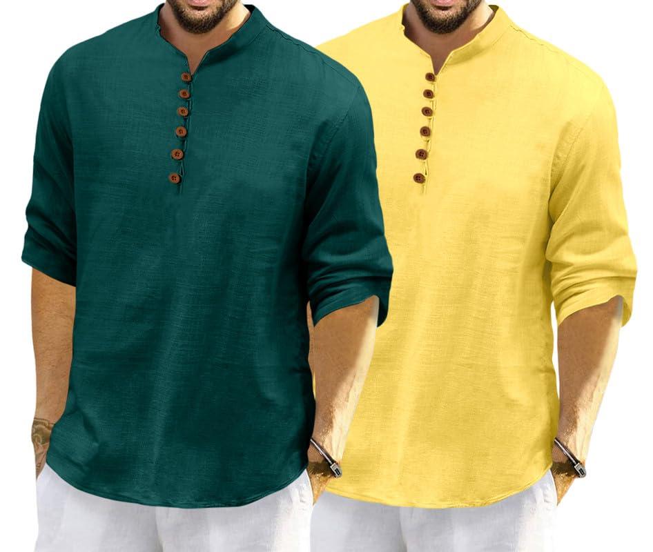 ROYALSCOUT Men's Cotton Polyester Blend Solid Regular Fit Full Sleeve Short Kurta | Ethnic, Lightweight Summer Kurta for Daily & Occasion Use Green-Yellow