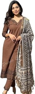 Generic Onesell Enterprises Women Pure Cotton Embroidery Straight Kurti with Pant & Dupatta Set (Brown)