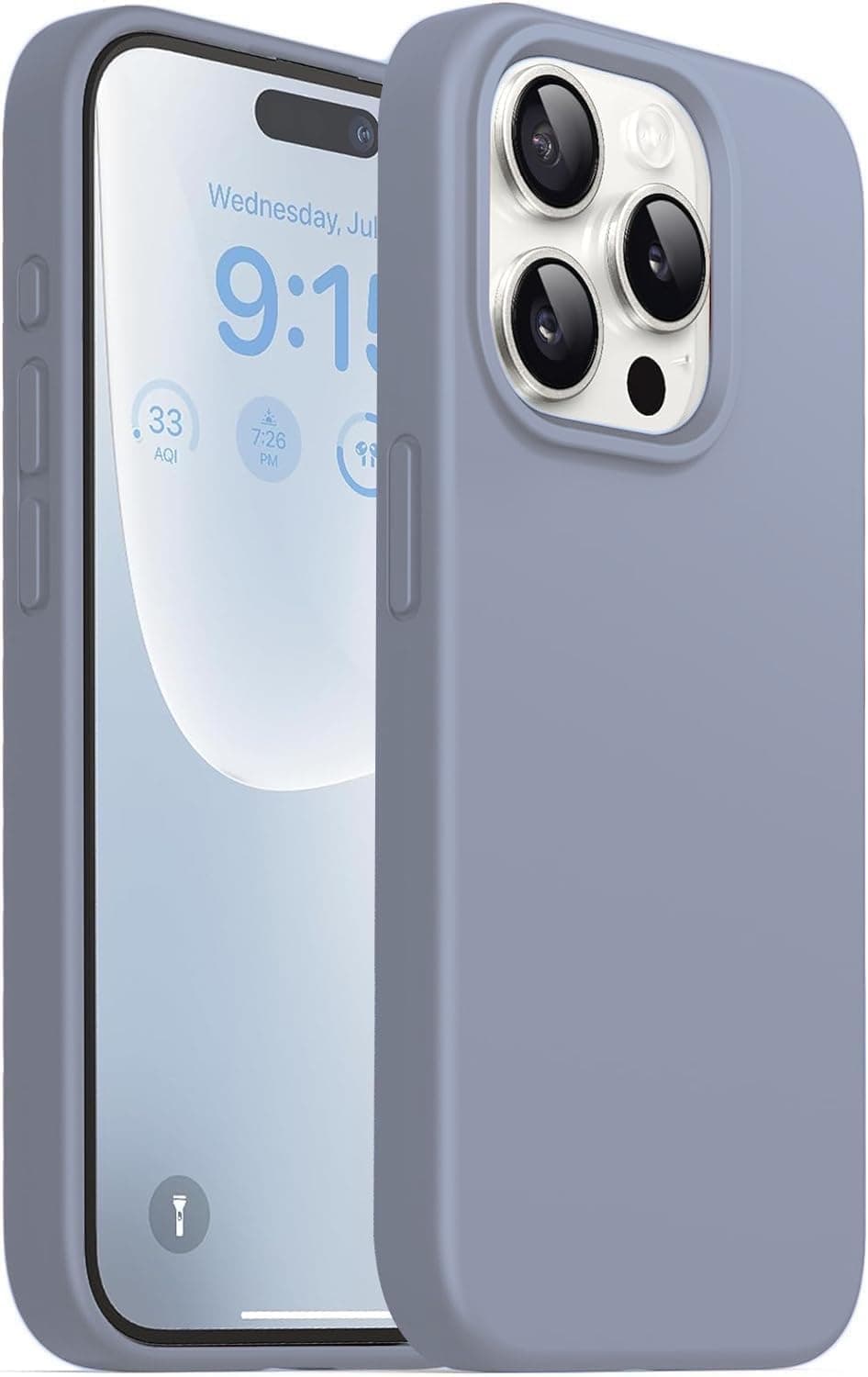 DIZORO Compatible for iPhone 15 PRO Camera Protection Case 6.1, Slim Liquid Silicone 3 Layers Full Covered Soft Gel Rubber Phone Case Protective Cover 6.1 Inch - Lavender Grey.