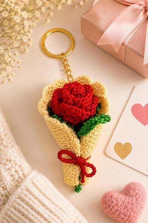 VARIQ Handmade Crochet Keychain Combo for Girls Women Cute Aesthetic Sunflower Strawberry Watermelon Daisy Knitted Keychain Bag Charm Purse Charm Car Key Ring Backpack Accessories Gift (Rose Bouquet)