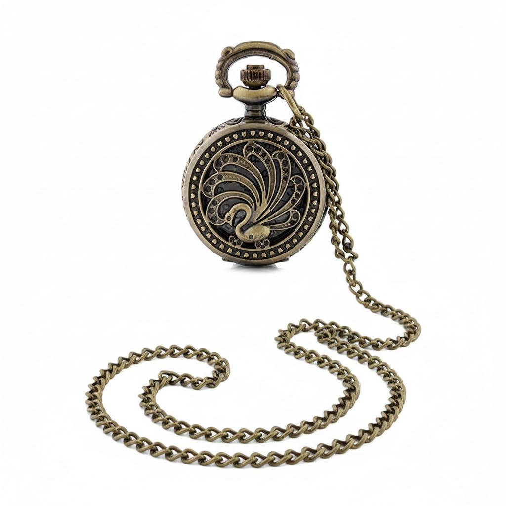 Young & Forever Vintage Pocket Watch with Peacock Design, Bronze Antique Chain, Quartz Movement