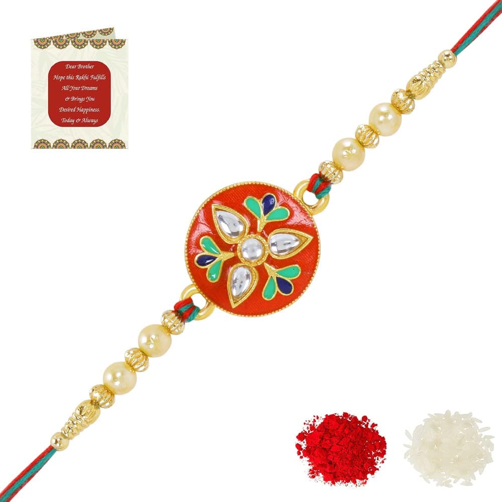Riddhika Ventures Stylish Kundan and AD Ring Rakhi with Roli Chawal and Greeting Card (P2)