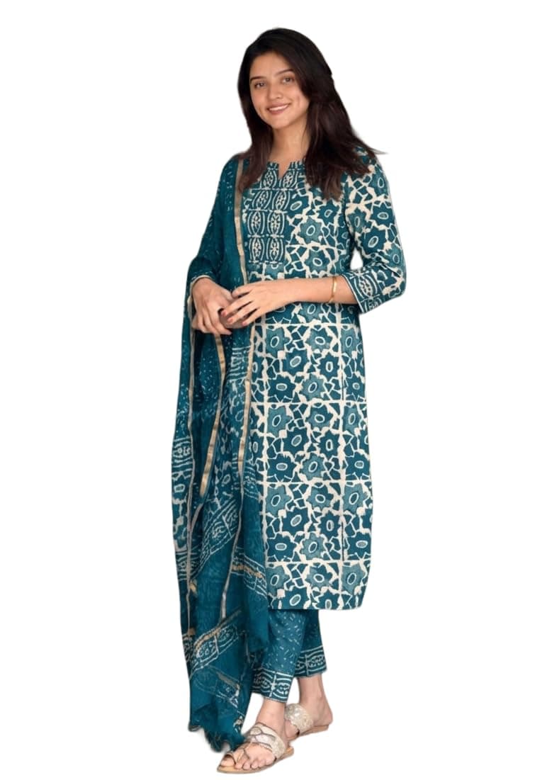 KLOSIA Women's Printed Straight Kurta and Pant with Dupatta Set (in, Alpha, 2XL, Standard, Morepeach)