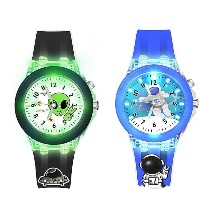 SPIKY Analog Watch For Kids Combo (Black & Blue) | 3D Cartoon | 7 Multicolor LED Luminous Lights with Silicone Strap | Best Birthday Gift | Analogue Wrist Watches For Boys & Girls | Age 3-10 Yrs | Pack of 2