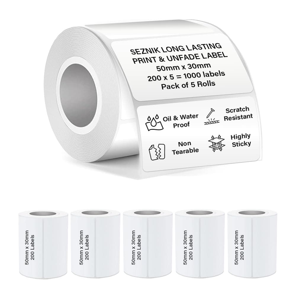 Seznik Waterproof, Non-Tearable, Sticky Thermal Lables, Label Roll, 2 inch Adhesive Thermal Labels for Label Printers (50mmx30mm - 1000 Lables)