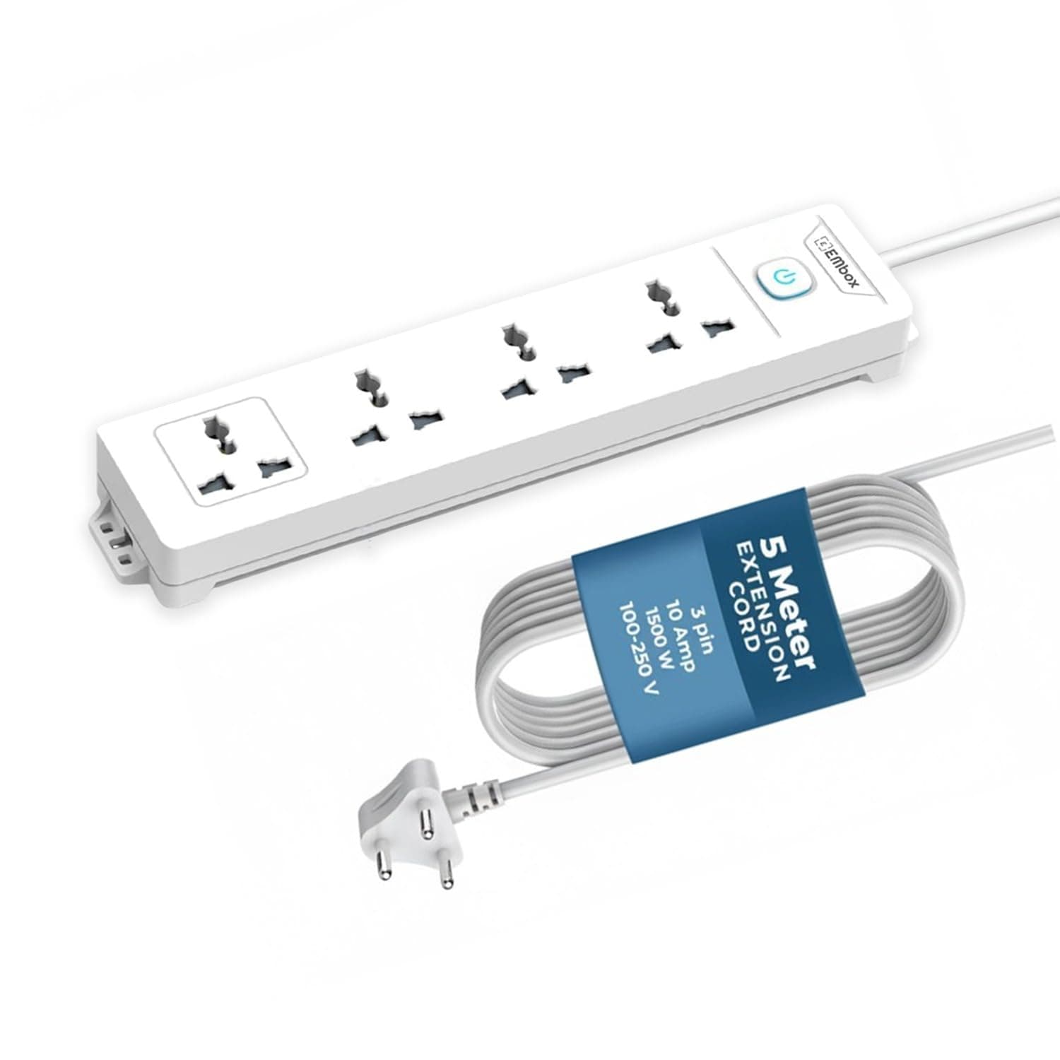 EMBOX Extension Board 5 Meter Cable | Extension Board with Switches, 4 Universal Sockets LED Indicator | 1500W Extension Cord