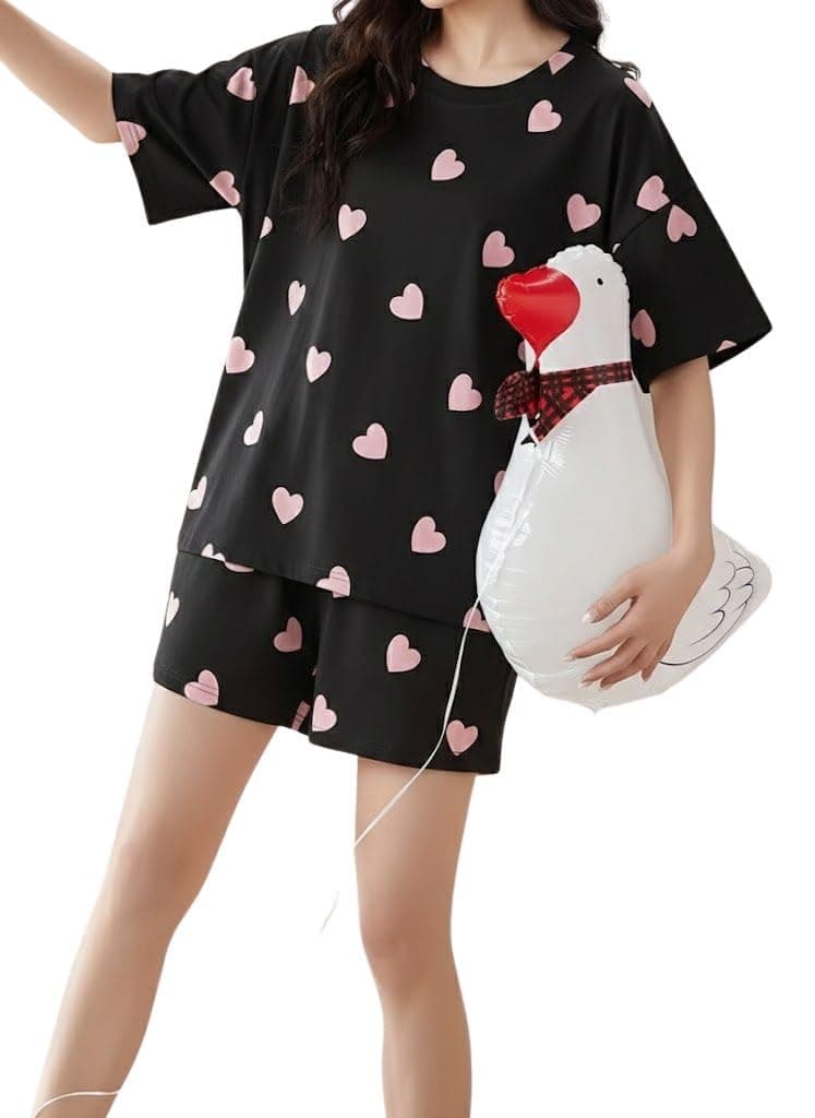 SMOWKLY Women Korean Shorts Pajama Set Cotton Blend Nightwear Set Top & Shorts Sleepwear Lounge Wear Soft Comfortable Night Suit Ladies Summer Night Dress Co-Ord Home Wear Set(1511_BK_XXL) Jade Black