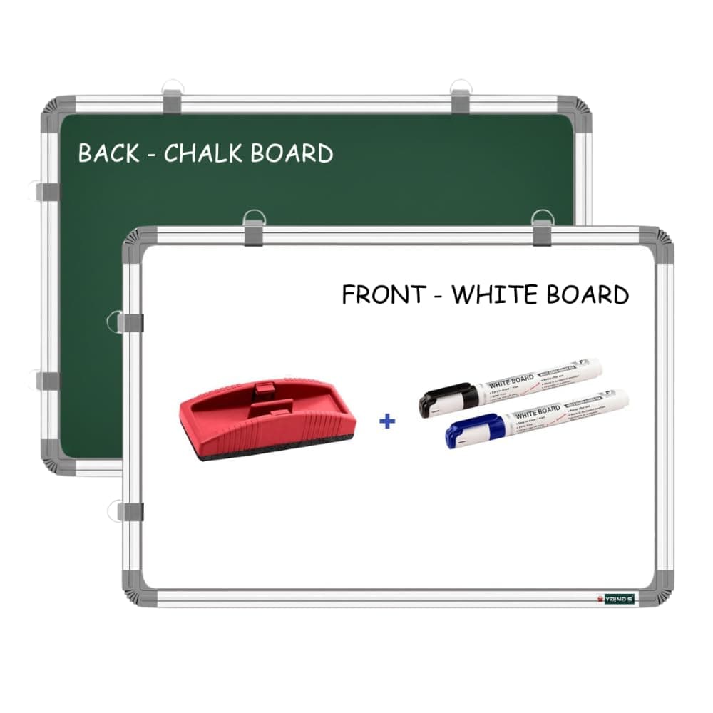 YAJNAS Non-Magnetic 2X4 Feet Double Sided Whiteboard & Chalkboard Both Side Writing Board with 2 Markers + 1 Duster - Set of 4 Items