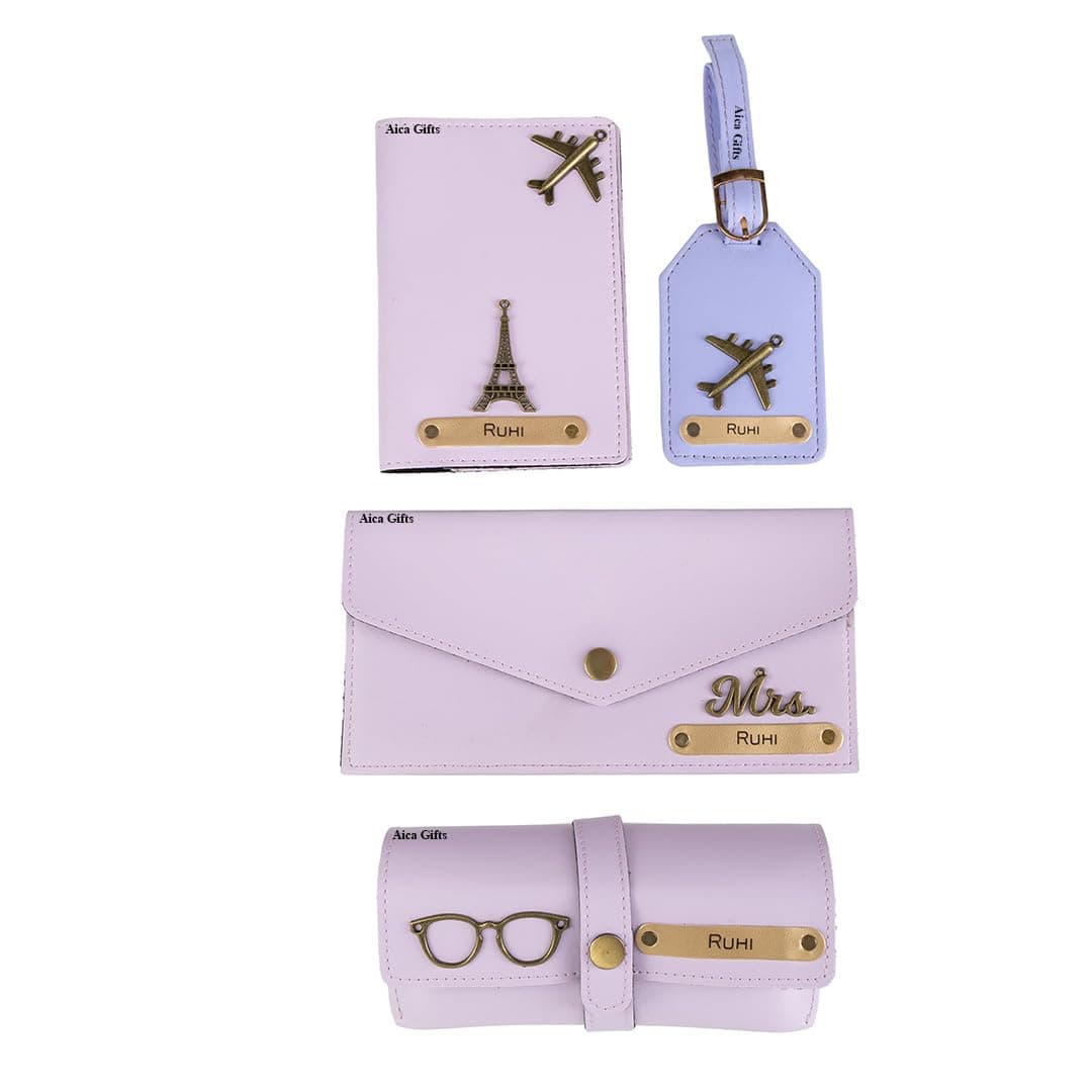AICA Personalised Name & Charm Womens Leather Combo Gift Set (Purple) | Gifts for Women| Customised Gift Hamper for Woman