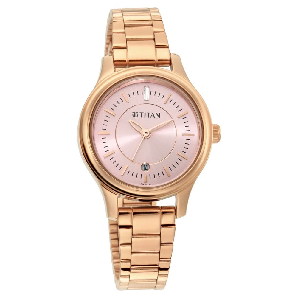 Titan Karishma Quartz Analog with Date Pink Dial Rose Gold Metal Strap Watch for Women - NT2638WM01