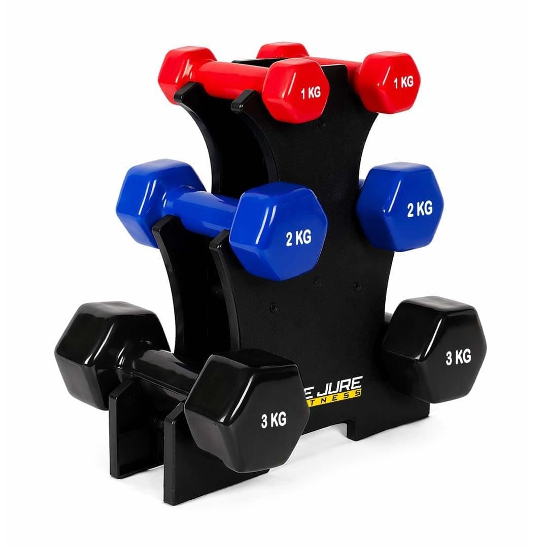 De Jure Fitness Dumbbell Set with Stand for Home Gym | 1kg 2kg 3kg 3 Pair Dumbbells Set | Vinyl Weight Set with Rack | Space Saving Compact Stand | Strength Training Workout Equipment
