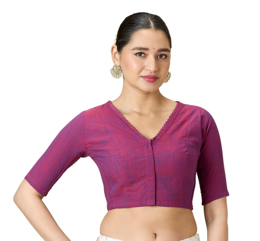 Studio Shringaar Women's Handloom Cotton Side Stretchable (Smocked) Readymade Saree Blouse with Crochet Neckline (Wine, 36)