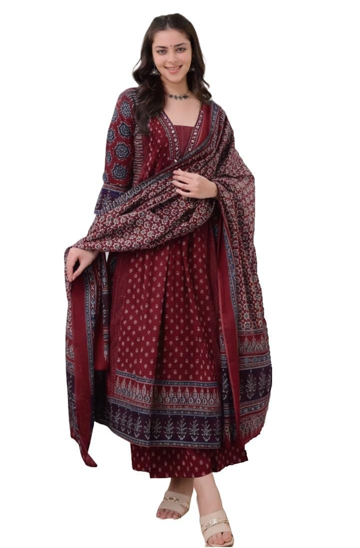KLOSIA Women Printed Anarkali Kurta and Pant Set with Dupatta Maroon
