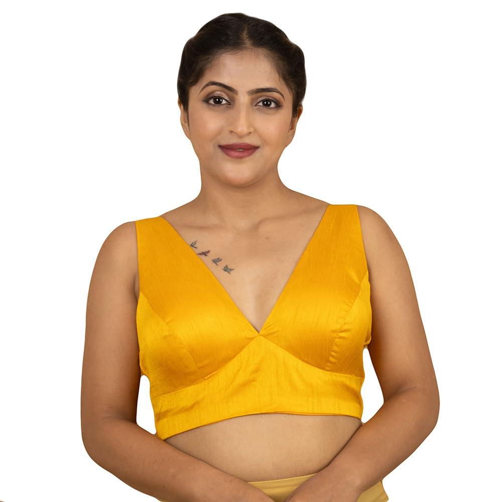 Women's Dupion Raw Silk Sleeveless V Neck Sabyasachi Cut Readymade Saree Blouse Padded Stitched Lining Designer Indian Festive Blouse | S4