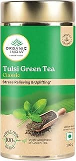 A TATA Product - Organic India Tulsi Green Tea Classic Loose Leaves - 100g, Stress Relieving, Uplifts Mood, Rich in Antioxidants, Blend of Rama, Krishna & Vana, Certified Organic