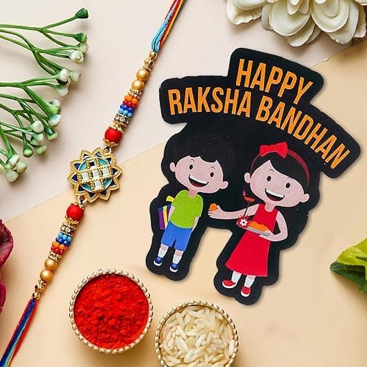 Webelkart Flower Designer Rakhi for Brother with Magnet for Home, Raksha Bandhan Combo Pack, Rakhi for Brother/Sister Greeting Card and Roli Chawal