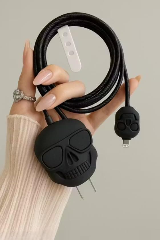 Charger Case Cover Protector with 3D Cute Pattern for iPhone Charger only 18W & 20W, Data Charging Cable Wire Saver Protective Cable Cover Full Protection - Set of 1 (Skull) Black
