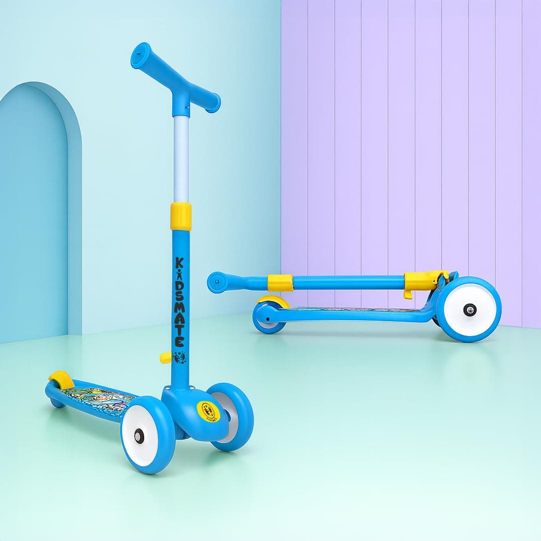 Kidsmate Leo Kick Scooter for Kids, Adjustable Height Scooter, Foldable & Attractive PVC Wheels with Rare Brakes for Kids Age Upto 3+ Years (Blue)