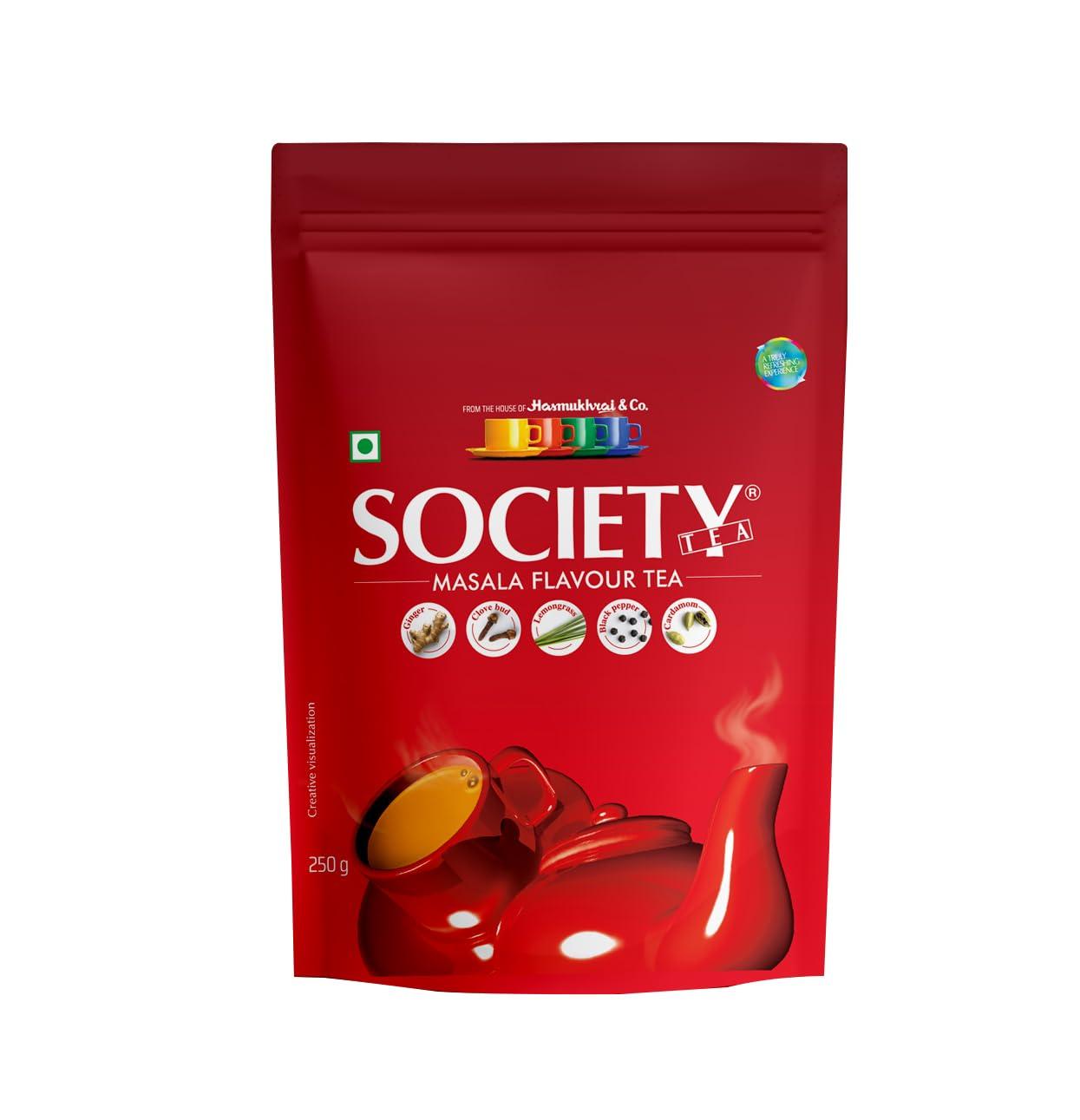 Society Masala Chai — Five-Spice Indian Masala Tea, Real Cardamom Ginger Clove Black Pepper Lemongrass Blended Into Assam CTC, Hasmukhrai & Co. Since 1924 | 250 g Pouch | No Flavouring