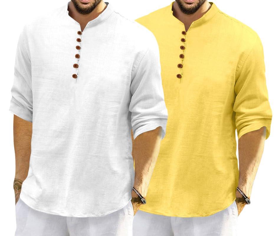 ROYALSCOUT Men's Cotton Polyester Blend Solid Regular Fit Full Sleeve Short Kurta | Ethnic, Lightweight Summer Kurta for Daily & Occasion Use White-Yellow
