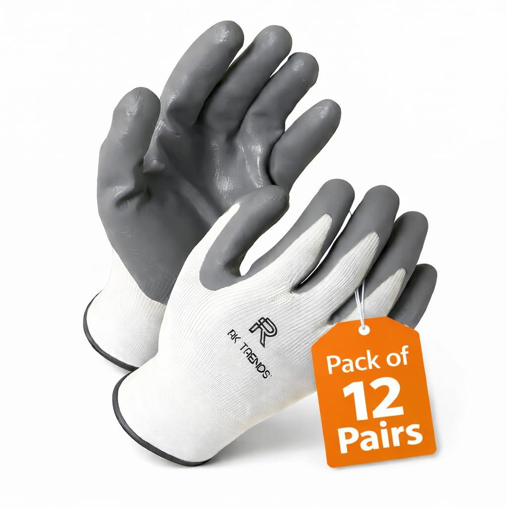 RK TRENDS Nylon Safety Gloves 12 Pairs-Heavy-Duty For Construction, Mechanics, Gardening, Plumbing&Automotive Work-Durable&Comfortable