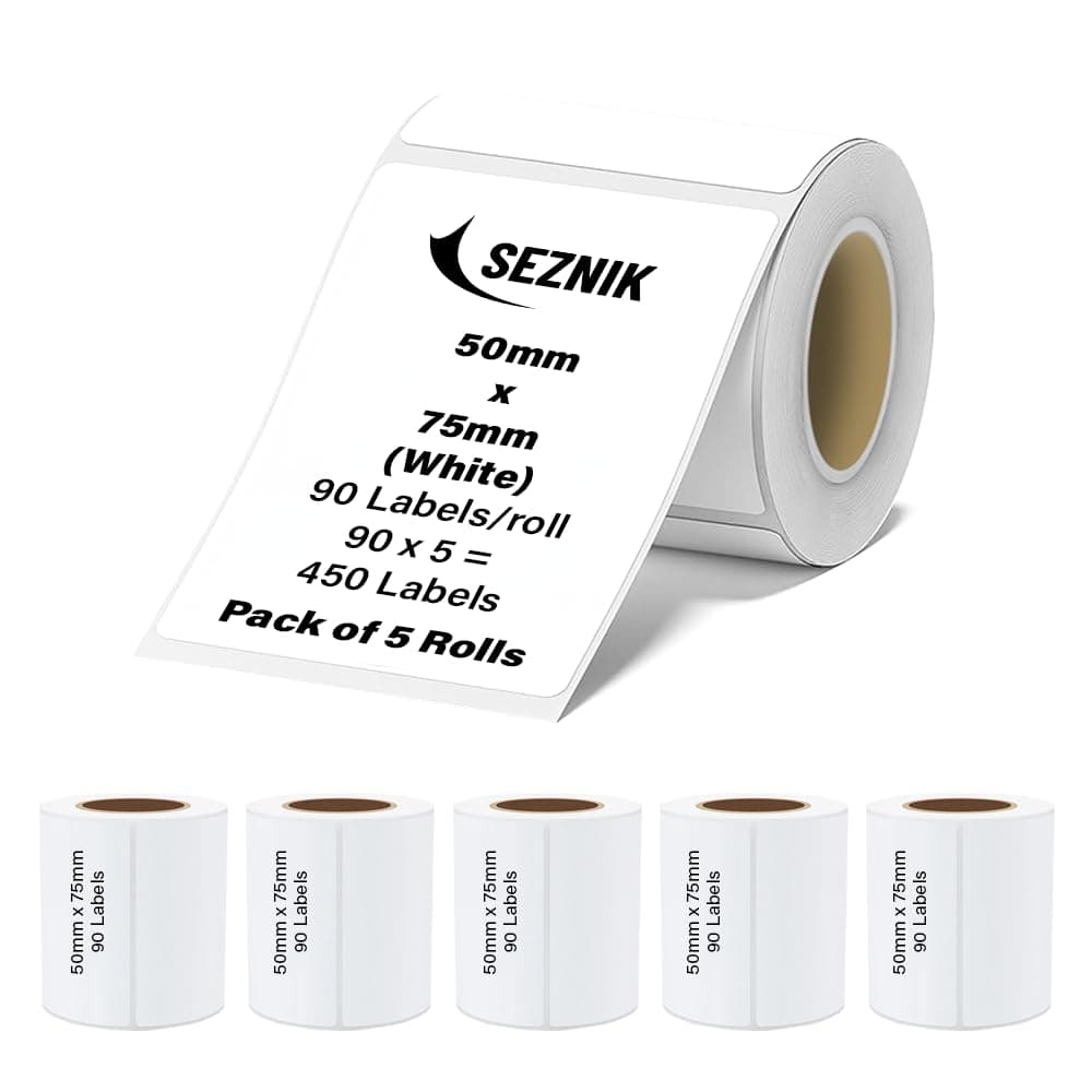 Seznik Thermal Sticky Labels – 50x75 mm – White – Pack of 5 Rolls (50mmx75mm - 450 Lables)