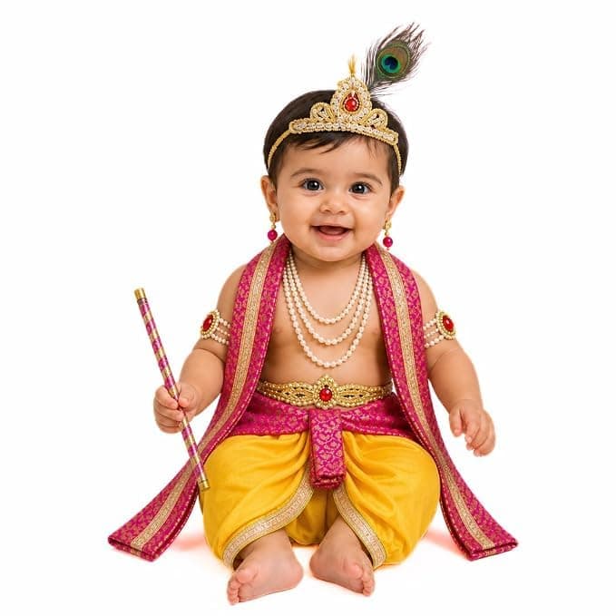 ITSMYCOSTUME Krishna Dress for Baby Boy Kids Set of 10(Dhoti,Patka,Hip Cover,Mukut,Morpankh,Bansuri,Kamarband,Bajuband,Kundal) Little Krishna Ji Kanha Janmasthmi Costume for Kids(Pink Yellow)