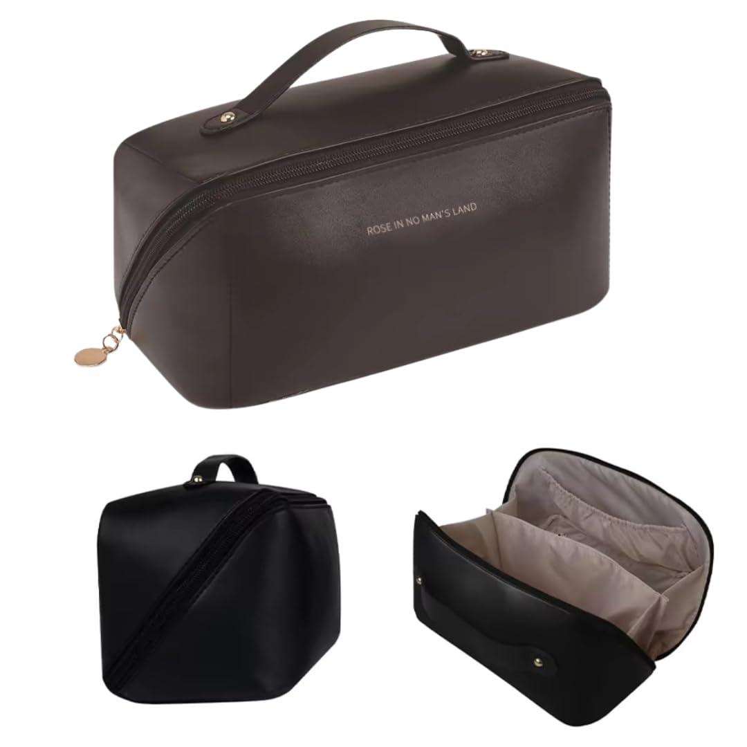 Sprqcart Large Capacity Travel Cosmetic Bag With Handle And Divider - Multifunctional Makeup Bag For Easy Access, Waterproof- (Black), 10 Cms Leather;Metal;Stainless Steel