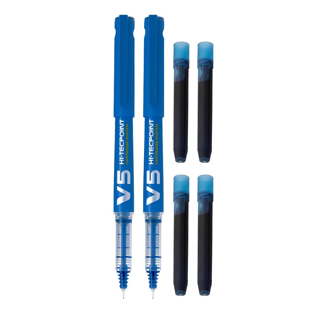 Pilot V5 Hi-tecpoint Roller ball pen with Cartridge System - 2 Blue Pens, 4 Blue cartridges