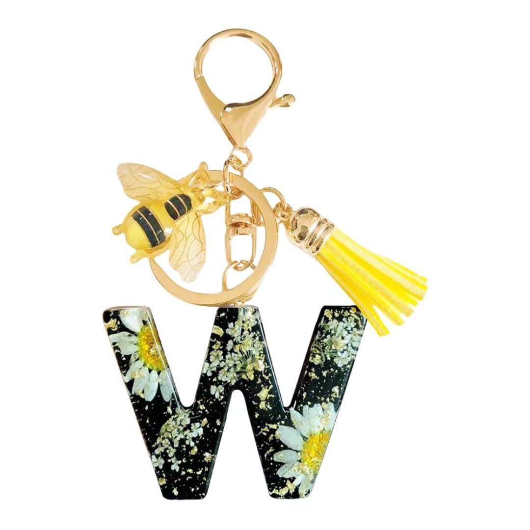 riKRishnaya Artworks Personalized Handmade Resin Alphabet Keychain in Multiple Designs available | For Men & Women | For Bike Wallet Purse Backpack Gift (W, Daisy Bees)