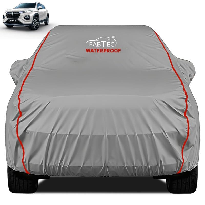 FABTEC Waterproof Premium Car Cover for Maruti Fronx Super Waterproof Car Body Cover Heavy Duty Durable PEVA Grey with Red Piping