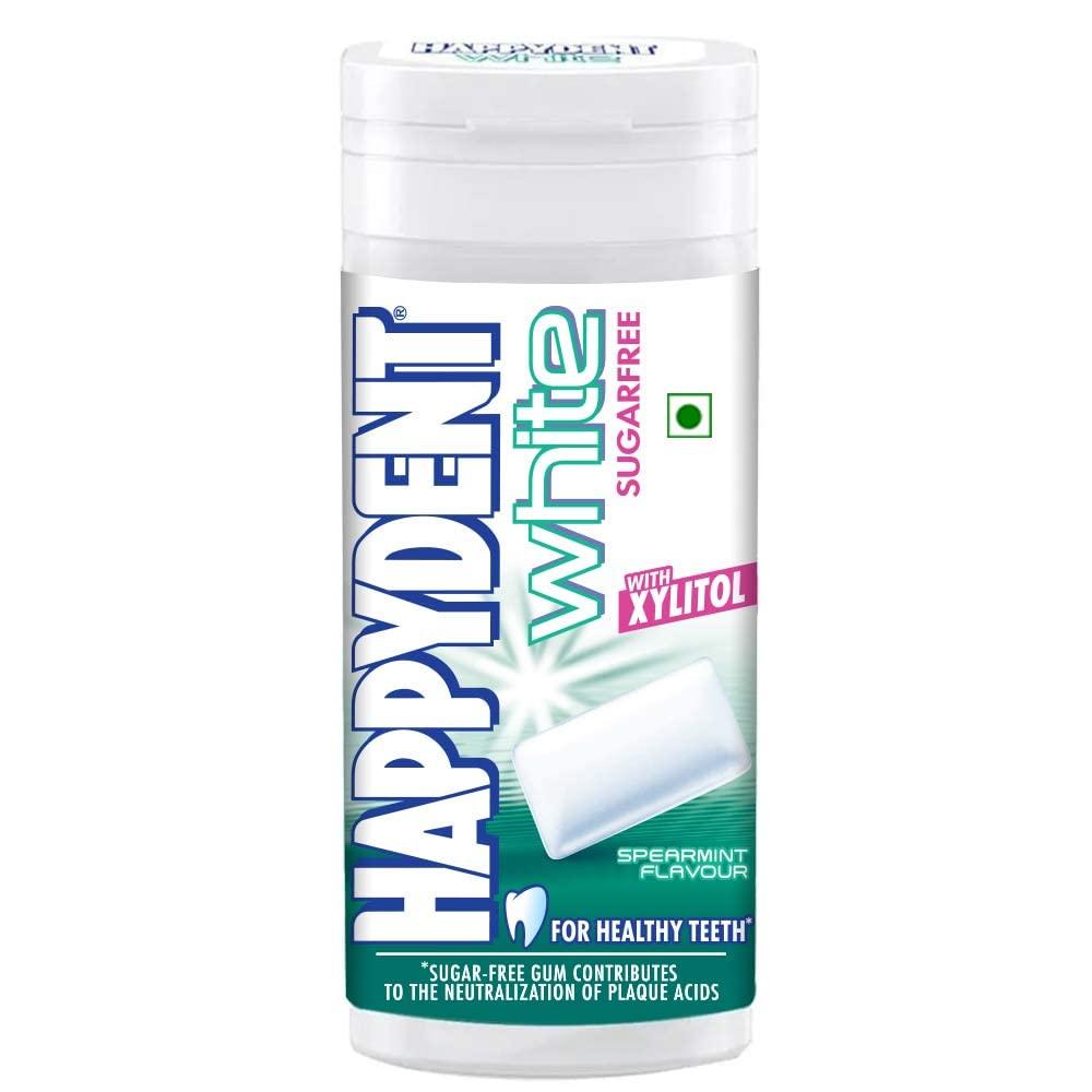 Happydent White, Xylitol Sugarfree Spearmint Flavour, Chewing Gum Pocket Bottle, 25.3 g
